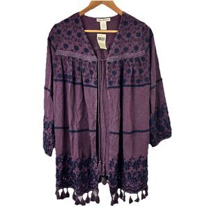 Indigo Thread Top Womens XS Purple Embroidered Tie Open Front Boho Artsy